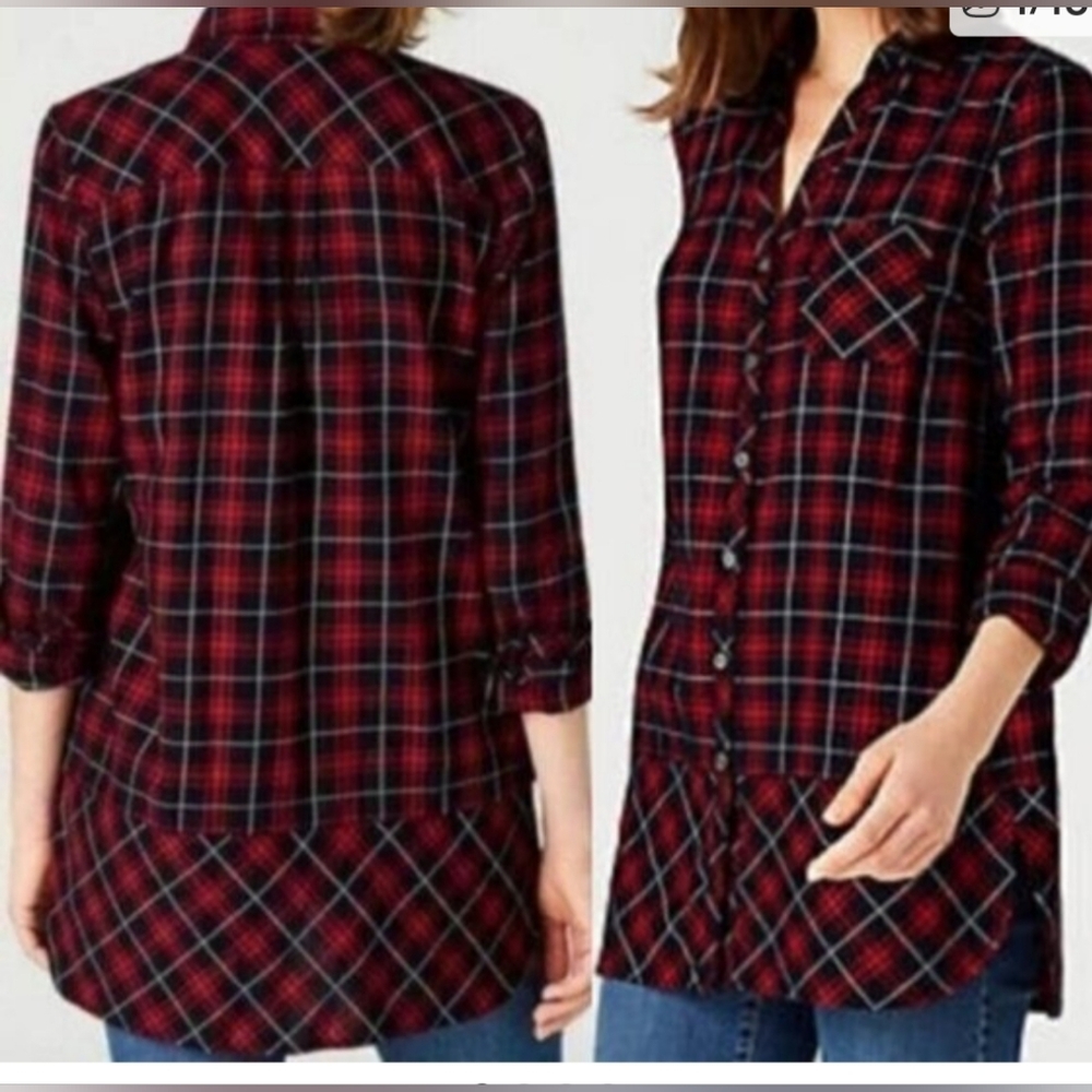 J. Jill Black/Red Button Down Plaid Tunic Shirt